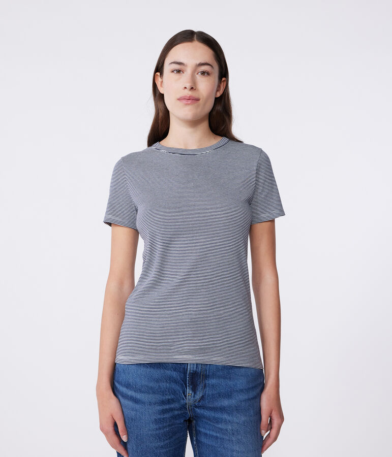 Tee-shirt L'ICONIQUE col rond en coton Femme bleu SMOKING/blanc MARSHMALLOW