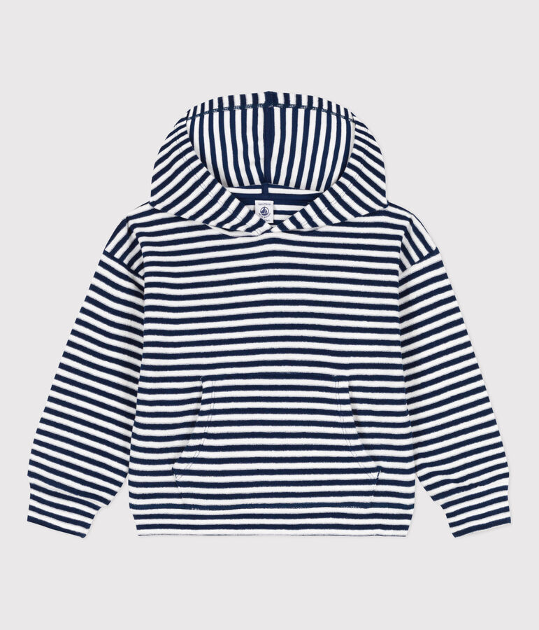 Sweatshirt ray&eacute; &agrave; capuche enfant gar&ccedil;on bleu MEDIEVAL/blanc MARSHMALLOW