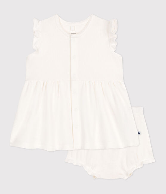 Robe blanche bébé en nid d'abeille à manches courtes et bloomer blanc MARSHMALLOW