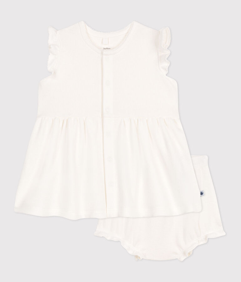 Robe blanche b&eacute;b&eacute; en nid d'abeille &agrave; manches courtes et bloomer blanc MARSHMALLOW