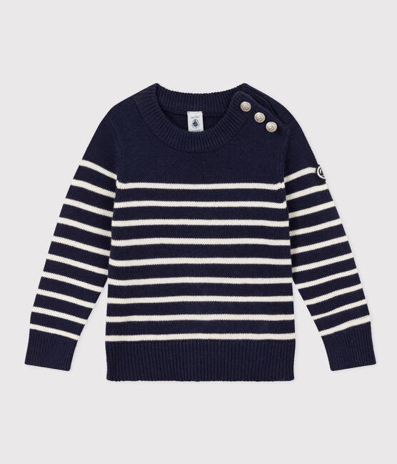 Pull laine et coton enfant fille / garçon bleu SMOKING/blanc MARSHMALLOW