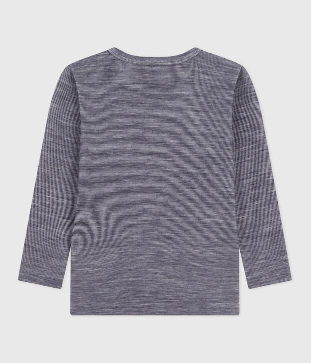 Tee-shirt enfant en laine et coton manches longues &agrave; rayures bleu/blanc