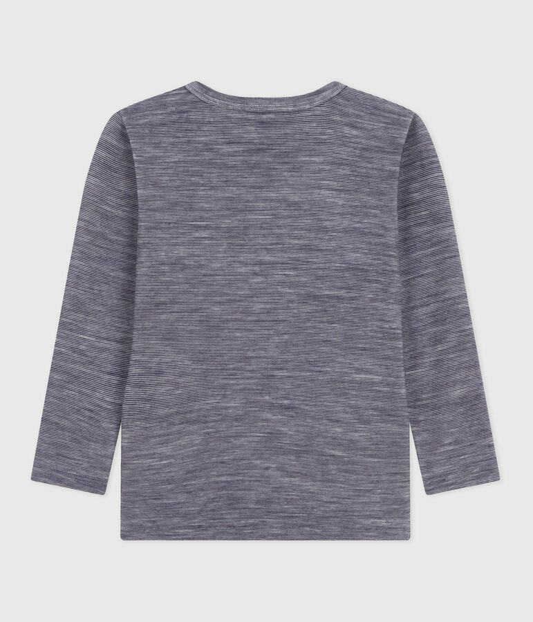 Tee-shirt enfant en laine et coton manches longues &agrave; rayures bleu SOIR/ MARSHMALLOW