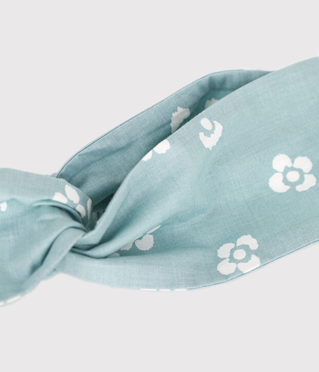 Bandeau enfant fille en popeline imprim&eacute; fleuri vert/blanc
