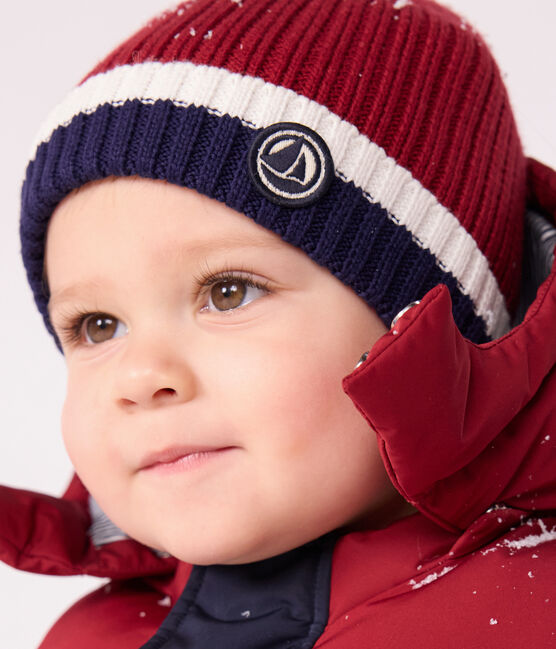 Bonnet bébé en tricot doublé en polaire rouge AMARANTE/ MULTICO