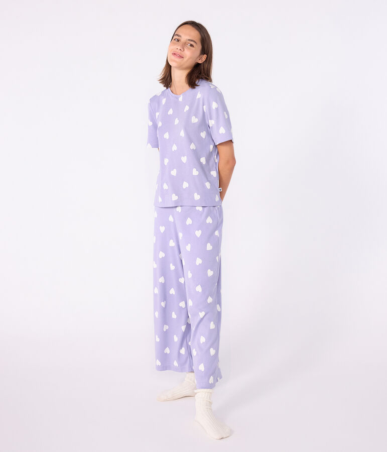 Pyjama femme en coton manches courtes jambes larges imprim&eacute; c&oelig;urs blanc SQUAW/ MARSHMALLOW