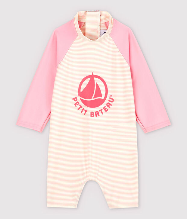 Combinaison anti-UV &eacute;coresponsable b&eacute;b&eacute; fille/gar&ccedil;on rose/blanc
