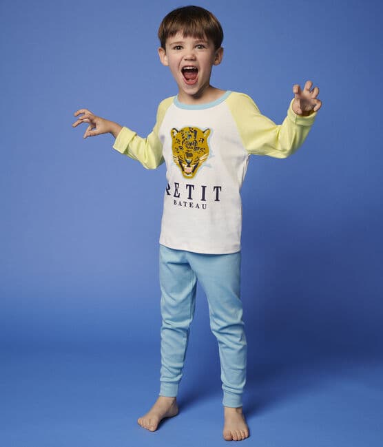 Pyjama motif léopard petit garçon en coton jaune SUNNY/blanc MULTICO