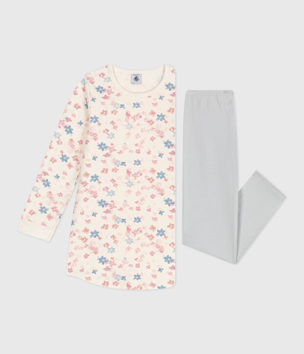 Chemise de nuit et legging enfant en molleton imprim&eacute; fleurs &eacute;cru/multicouleur