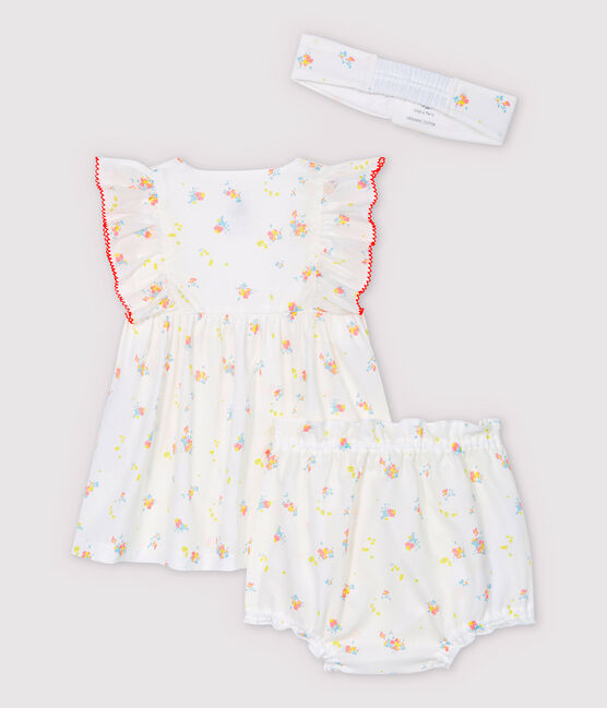 Robe sans manches avec bloomer et bandeau bébé fille en popeline de coton biologique blanc MARSHMALLOW/blanc MULTICO