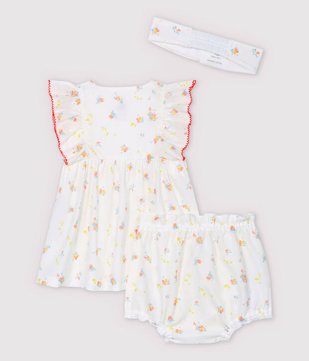Robe sans manches avec bloomer et bandeau b&eacute;b&eacute; fille en popeline de coton biologique blanc/multicouleur