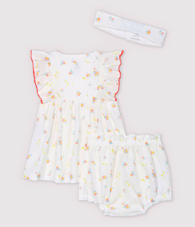 Robe sans manches avec bloomer et bandeau b&eacute;b&eacute; fille en popeline de coton biologique blanc MARSHMALLOW/blanc MULTICO