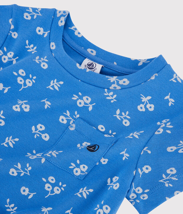 Robe manches courtes en coton enfant fille bleu/blanc