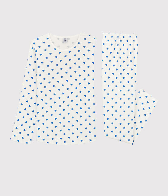 Pyjama fille/femme cœurs bleus en coton blanc MARSHMALLOW/bleu BRASIER