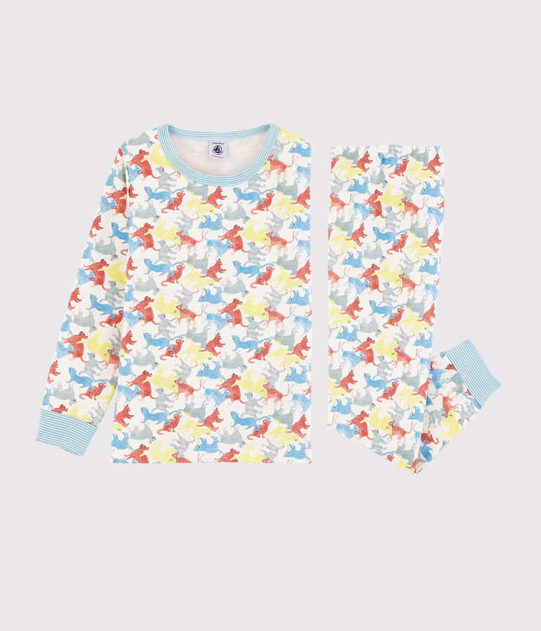 Pyjama imprim&eacute; chats petit gar&ccedil;on en molleton blanc MARSHMALLOW/blanc MULTICO