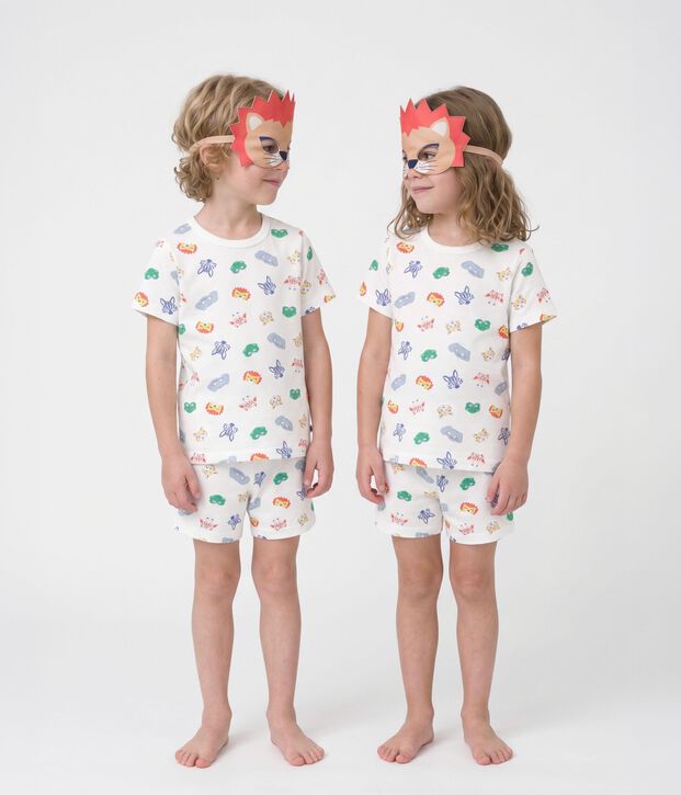 Pyjama short d&eacute;guisement enfant en coton imprim&eacute; masques blanc/multicouleur