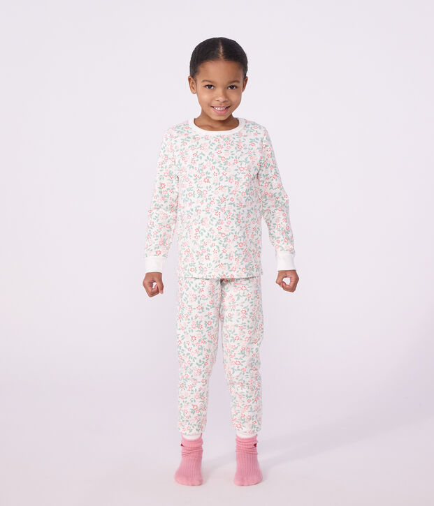 Pyjama enfant en molleton &agrave; fleurs blanc/multicouleur