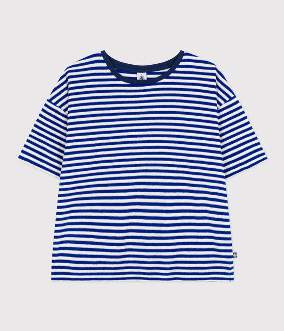 Tee-shirt le Boxy en coton éponge rayé femme bleu SURF/ AVALANCHE