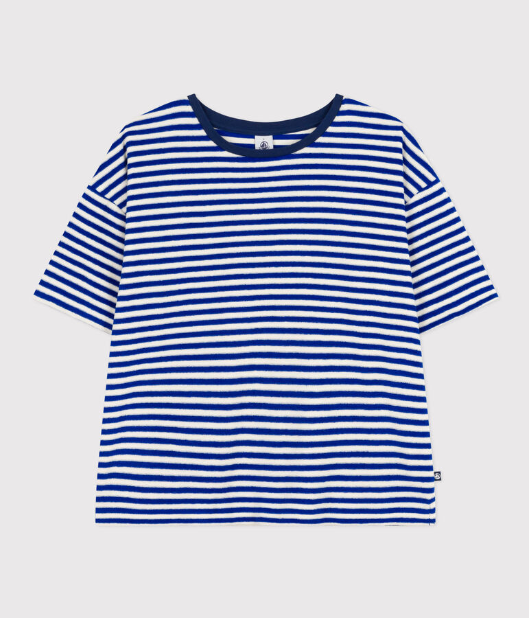 Tee-shirt le Boxy en coton &eacute;ponge ray&eacute; femme bleu SURF/ AVALANCHE