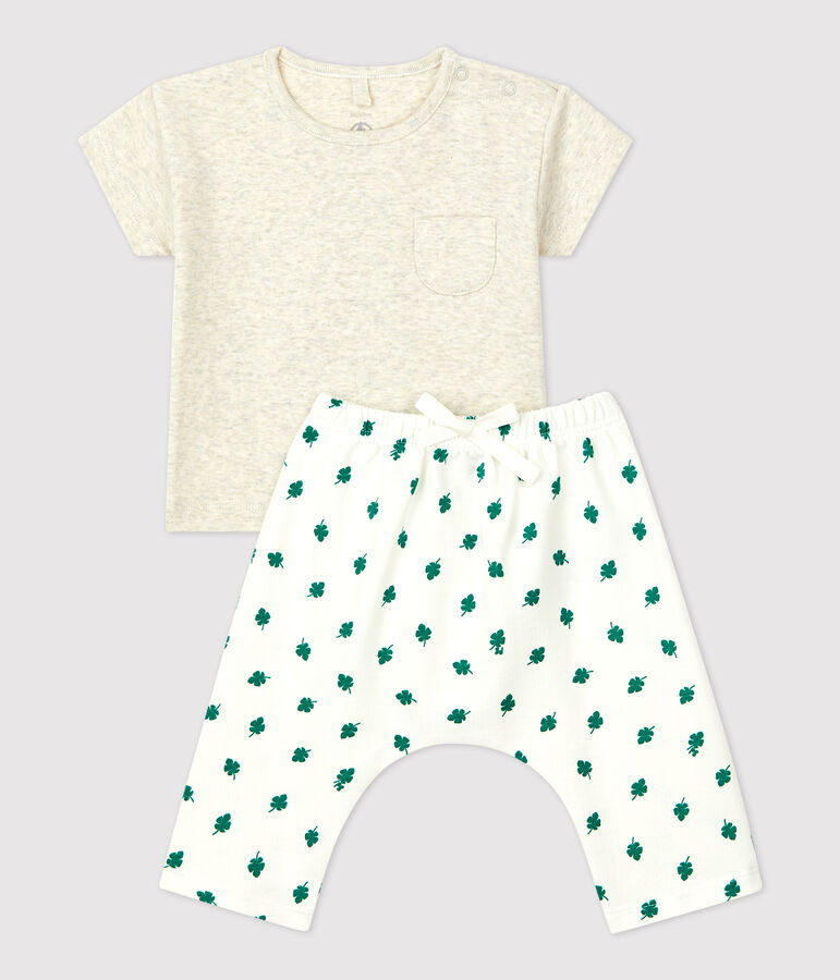 Ensemble 2 pi&egrave;ces imprim&eacute; v&eacute;g&eacute;tal en molleton bio b&eacute;b&eacute; beige MONTELIMAR/blanc MULTICO