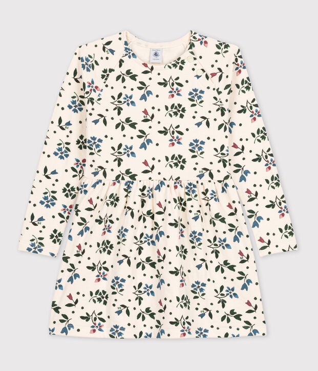Robe fleurie manches longues en tubique enfant fille &eacute;cru/multicouleur