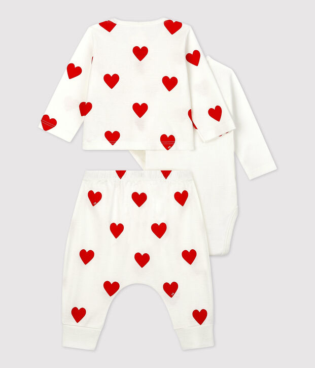 Ensemble 3 pi&egrave;ces imprim&eacute; c&oelig;ur en coton bio b&eacute;b&eacute; blanc/rouge