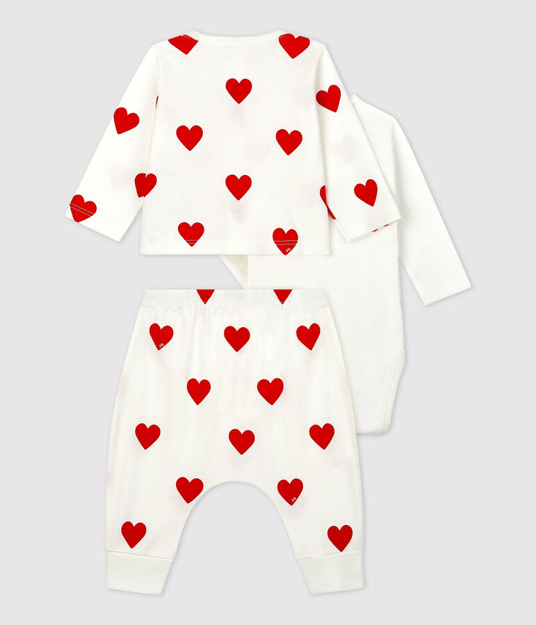Ensemble 3 pi&egrave;ces imprim&eacute; c&oelig;ur en coton bio b&eacute;b&eacute; blanc MARSHMALLOW/rouge TERKUIT