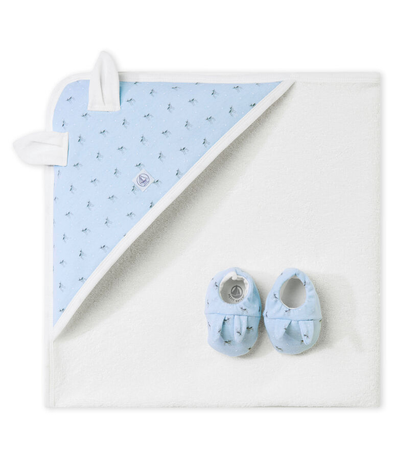 Coffret carr&eacute; de bain + chaussons b&eacute;b&eacute; mixte bleu FRAICHEUR/blanc MULTICO