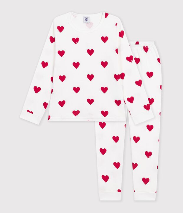 Pyjama enfant en coton mixte imprim&eacute; c&oelig;urs blanc/rouge