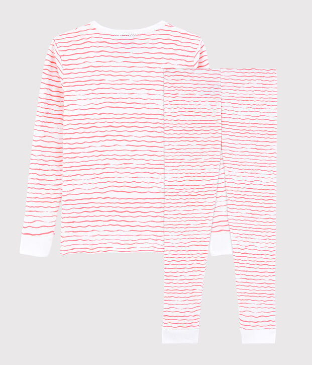 Pyjama snugfit imprim&eacute; vagues roses petite fille en coton blanc/rose