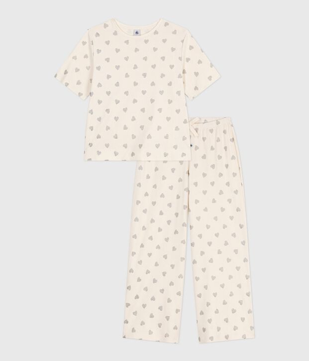 Pyjama femme en coton manches courtes jambes larges imprim&eacute; c&oelig;urs &eacute;cru/gris