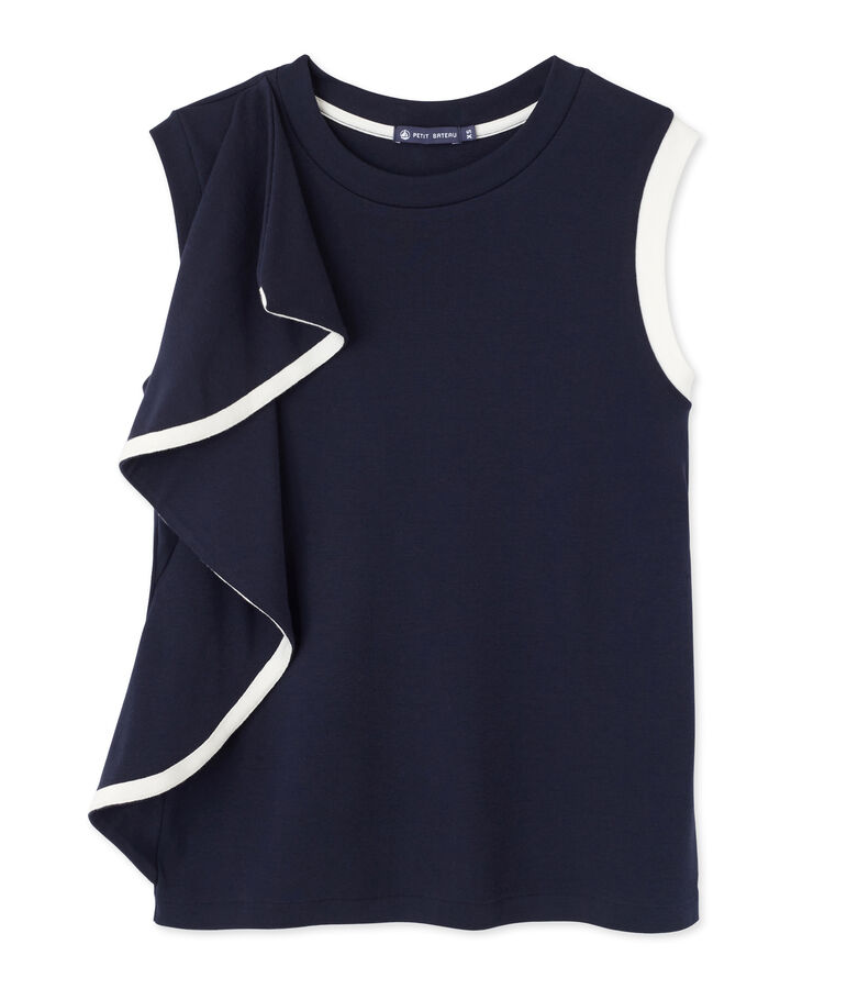 Top femme sans manches &agrave; volant bleu