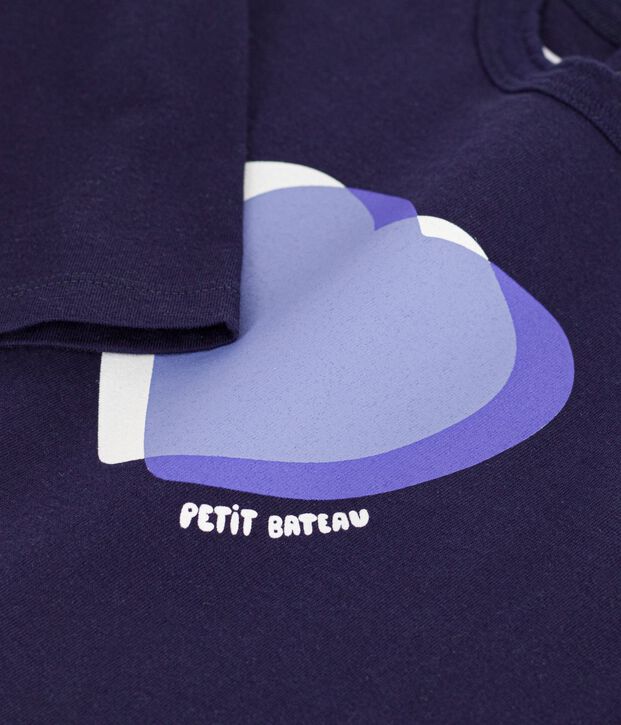 Tee-shirt b&eacute;b&eacute; en coton manches longues uni &agrave; motif bleu marine