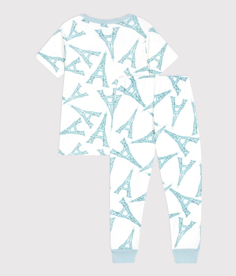 Pyjama enfant en coton manches courtes jambes longues Tour Eiffel blanc MARSHMALLOW/blanc MULTICO