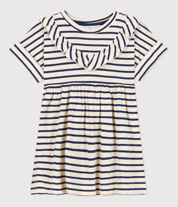 Robe ray&eacute;e manches courtes en coton enfant fille &eacute;cru/bleu