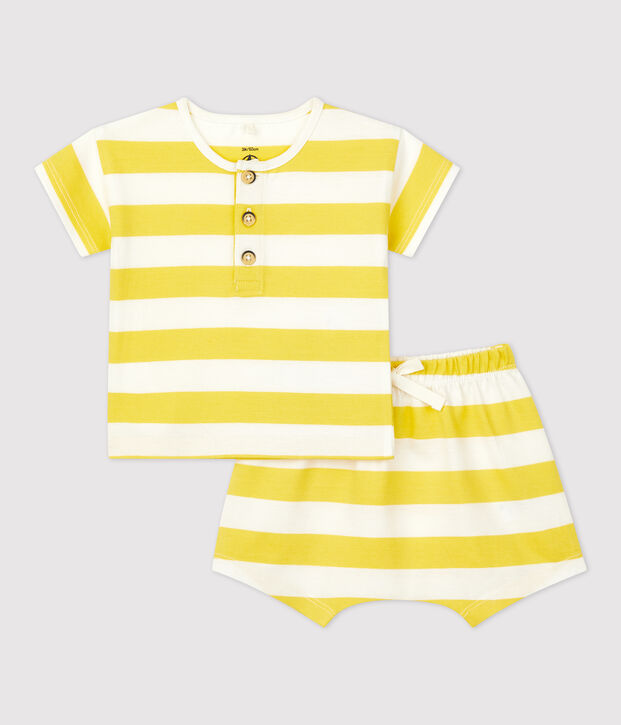 Ensemble 2 pi&egrave;ces ray&eacute; en jersey b&eacute;b&eacute; jaune/blanc