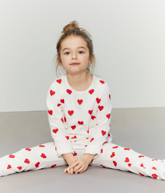 Pyjama coeur petite fille en molleton blanc MARSHMALLOW/rouge TERKUIT