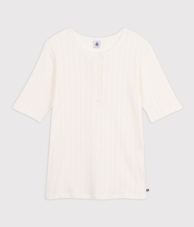 Tee-shirt femme en coton manches courtes uni blanc cass&eacute;