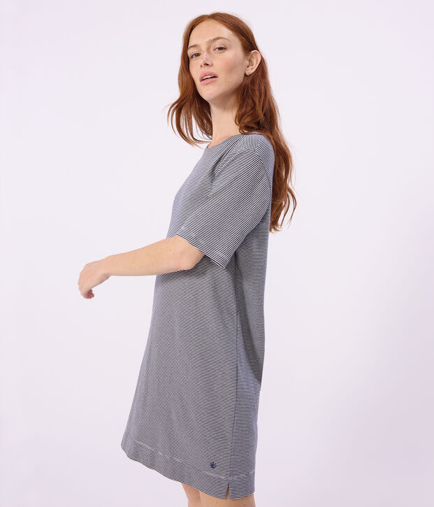 Chemise de nuit femme en coton manches courtes &agrave; rayures bleu/blanc