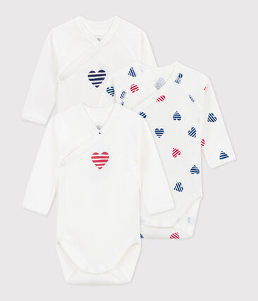 Lot de 3 bodies croisés manches longues en coton cœurs rayé bébé
