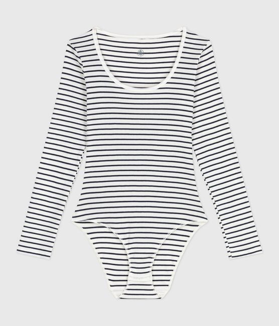 Body femme en coton et elasthanne à rayures blanc MARSHMALLOW/bleu SMOKING