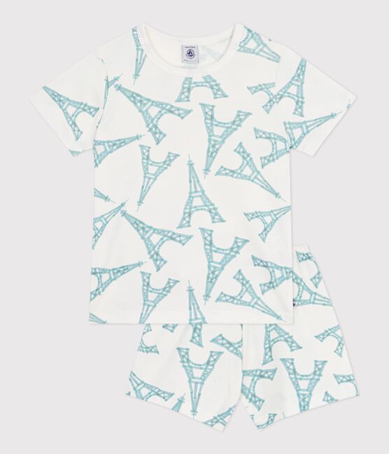 Pyjama short enfant en coton imprimé Tour Eiffel blanc MARSHMALLOW/blanc MULTICO