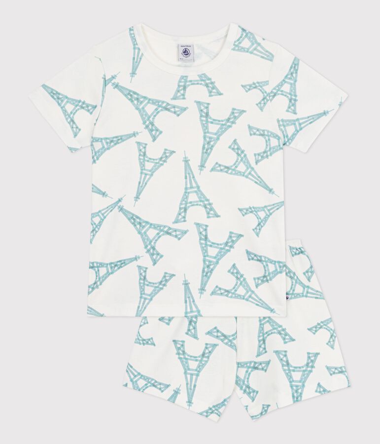 Pyjama short enfant en coton imprim&eacute; Tour Eiffel blanc MARSHMALLOW/blanc MULTICO
