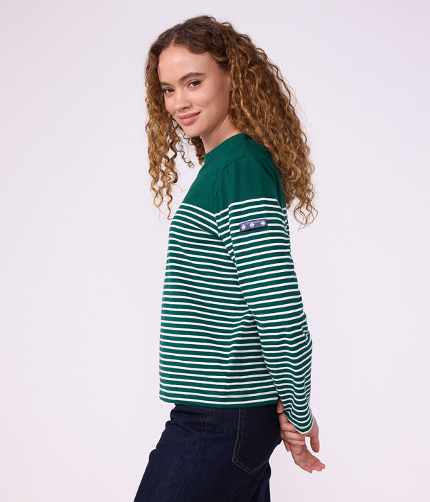Tee-shirt marini&egrave;re femme en coton vert/blanc