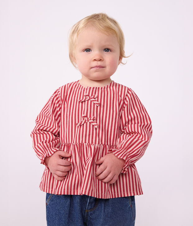 Blouse b&eacute;b&eacute; en coton manches longues &agrave; rayures rose/rose