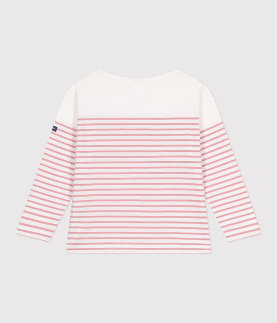 Teeshirt marinière enfant en coton manches longues blanc MARSHMALLOW/rose CHARME