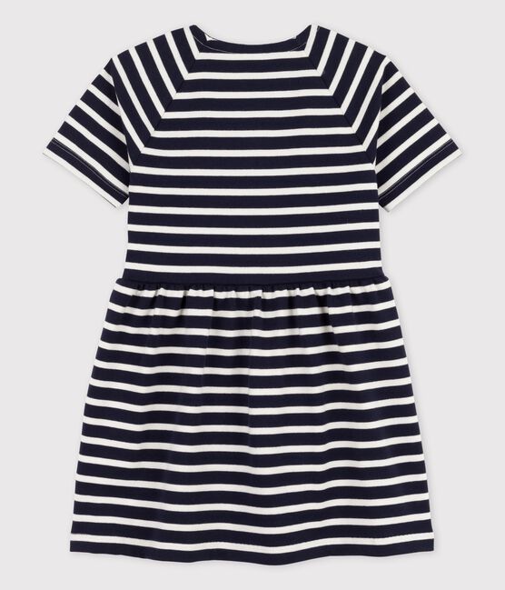 Robe manches courtes en coton enfant fille bleu SMOKING/blanc MARSHMALLOW