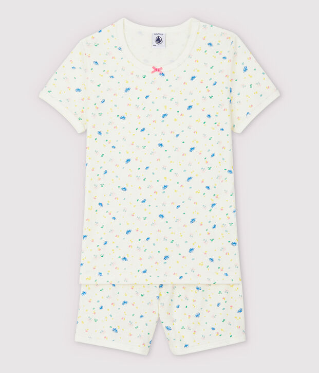 Pyjacourt &agrave; fleurs petite fille en coton et lin blanc/multicouleur