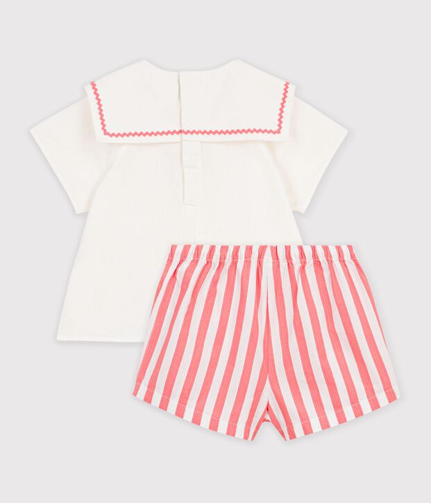 Ensemble b&eacute;b&eacute; 2 pi&egrave;ces en coton/lin, haut col marin rose/blanc