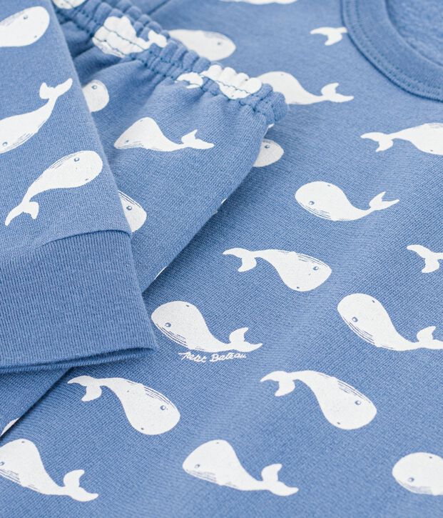 Pyjama enfant en molleton imprim&eacute; baleines bleu/blanc